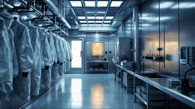 White cleanroom coveralls hanging on hooks in a semiconductor gowning airlock