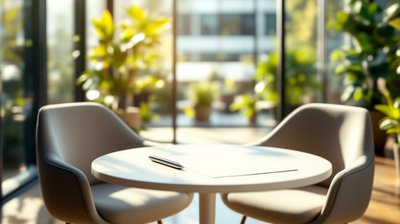 A sunny meeting-room table with a folded sheet of paper and a pen between two chairs