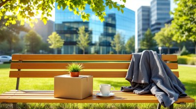 A cardboard box, a potted plant and a mug on a sunny bench outside a corporate campus