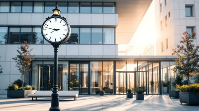 A street clock outside a modern office building entrance in early morning light
