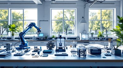 A university engineering lab with a robotic arm, a 3D printer and parts on a long workbench