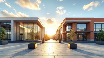 Two different modern office building entrances facing each other across a sunny stone plaza