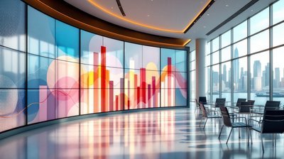 Singapore conference hall with a big abstract data wall, Marina Bay outside