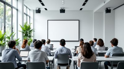 Adult learners at laptops in a bright Singapore training room facing the front