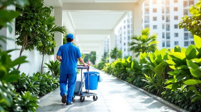 A cleaner pushing a cleaning cart along a covered walkway beside tropical gardens and housing blocks