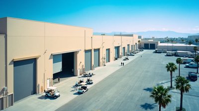 A film studio lot with plain soundstages, carts and a camera crane, crew small in the distance