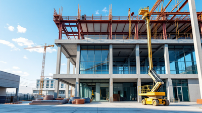 Commercial building under construction with a steel frame, a yellow scissor lift and stacks of copper pipe under a clear blue sky.
