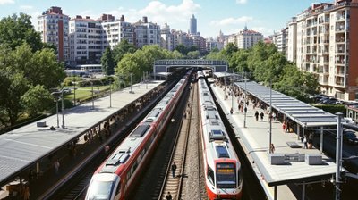 Madrid commuter station from a footbridge, tiny commuters at rush hour