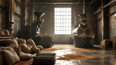 Industrial drum coffee roasters and burlap sacks of green coffee in a roasting hall