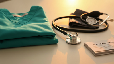 Teal scrubs, stethoscope and exam study cards for healthcare careers