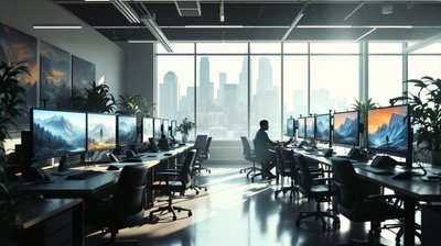 An empty video game studio with concept art on the monitors