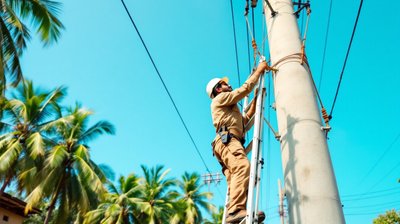 Power field assistant on a pole fixing lines, Tamil Nadu palms