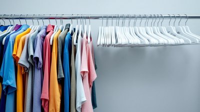 A clothing rail with colourful shirts on one half and empty hangers on the other