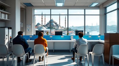An Istanbul job agency with service counters and waiting chairs, job seekers seen from behind