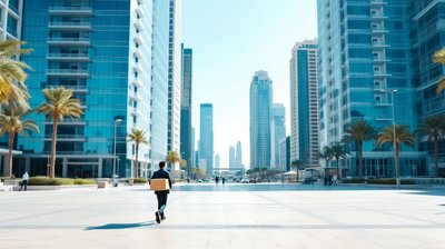 Dubai office plaza, a professional carrying a desk box to a new tower