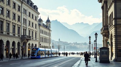 A Zurich banking street by the lake with a tram and a few distant commuters
