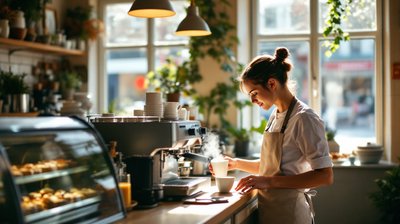 A barista making coffee at an espresso machine in a sunny British cafe