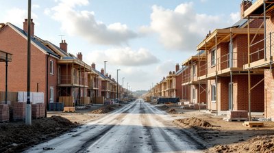 Half-built brick houses with scaffolding on an English housing site