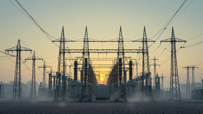 An electrical utility substation transformer bank at dawn