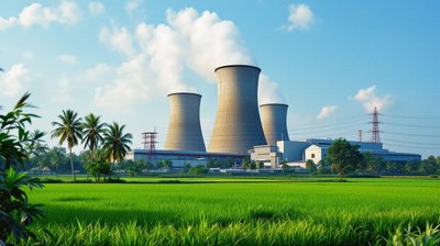 Power station and smelter shed across green paddy fields