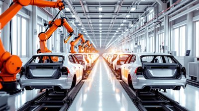 Car bodies moving along an assembly line with orange welding robots
