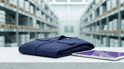 Folded blue retail work vest beside a glowing tablet, Walmart AI reshaping frontline work