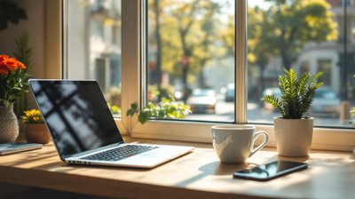 A laptop, a phone and a cup of coffee on a sunny cafe window counter
