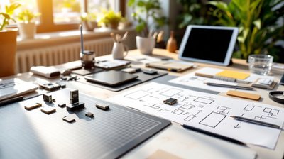 A product design workbench with prototype devices and app wireframe sketches in a sunny studio