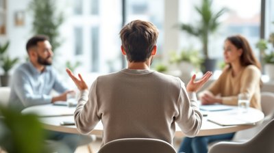 A job candidate seen from behind asking a question across a table to two interviewers
