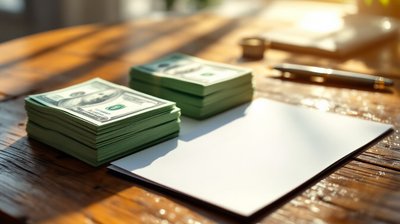 Two stacks of US dollar bills beside a blank offer letter and a pen on a wooden table