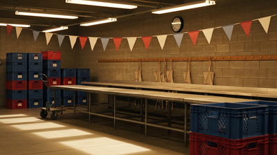 A community food bank sorting floor after closing, evoking volunteer hours worth naming on a resume.