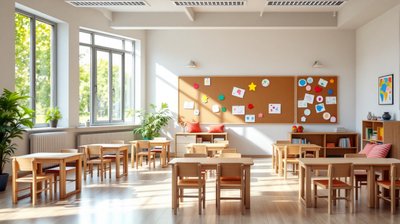 A sunny empty primary school classroom with small desks and colorful artwork