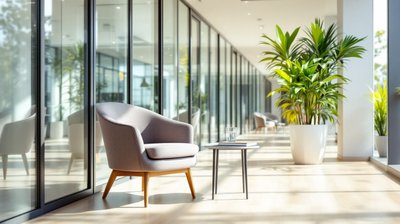 A single armchair, a glass of water and a folder in a sunny waiting area outside glass interview rooms