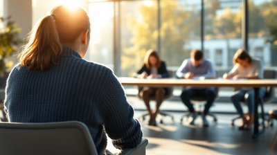 A candidate in a casual sweater seen from behind facing a final-round interview panel in a bright conference room