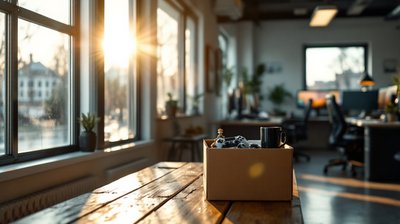 A box of personal belongings with a game controller on a sunlit bench in a game studio