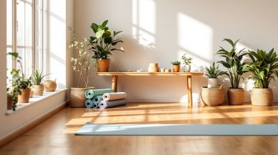 A bright boutique yoga studio with rolled mats, cork blocks and plants