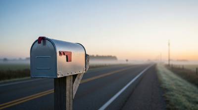A rural mailbox with its flag raised at dawn, evoking a first resume sent and awaiting a reply.